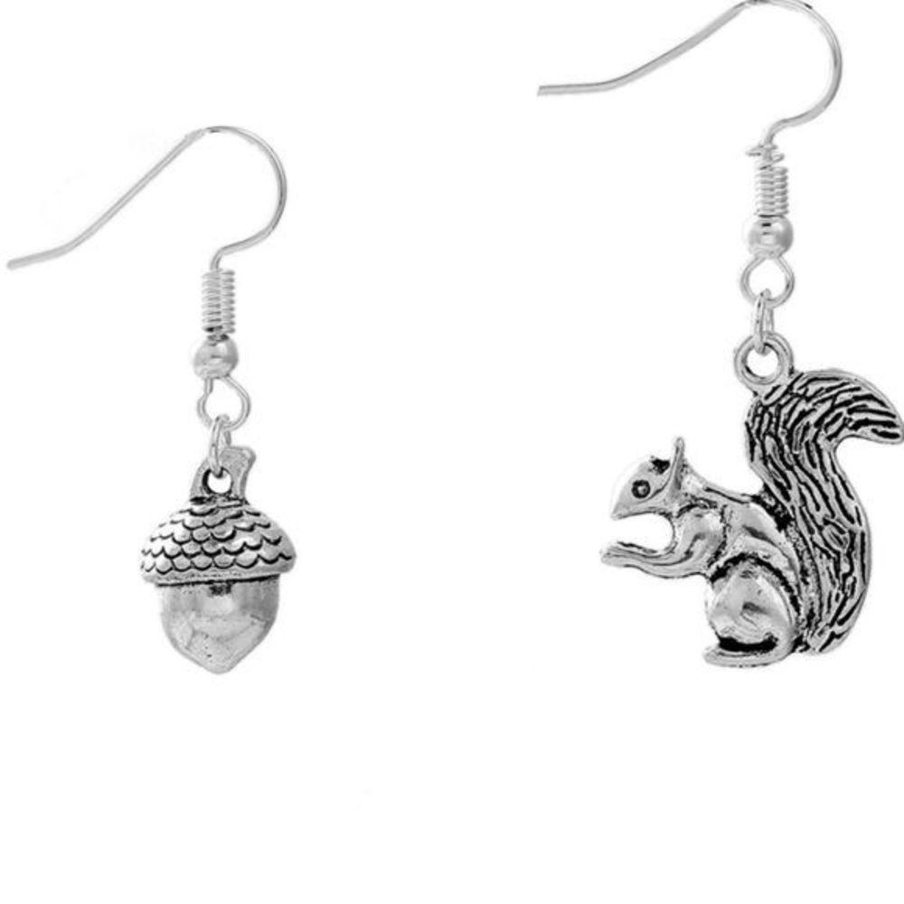 Squirrel Acorn Fall Asymmetrical Silver‎ Earrings